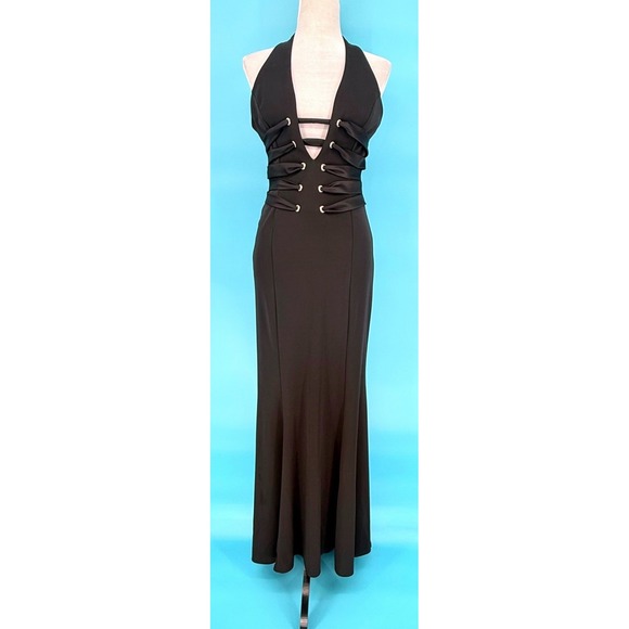 Niki by Niki Livas Black Y2K Halter Mermaid Gown V-Neck Goth Witchy Size 6 - Picture 1 of 9